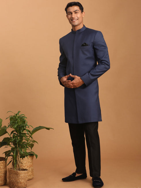 Vastramay Men's Navy Blue Solid Silk Blend Indo Western With Black Pant Set
